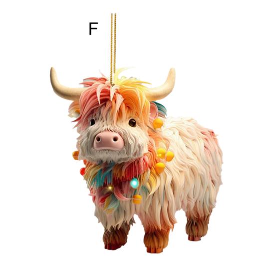 Christmas Cow Ornament Xmas Tree Cartoon Highland Cow Hanging Decorations 2D Flat Acrylic Pendant for Car Rearview Mirror Tree Decor