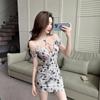 Sexy mesh yarn hip-wrapped short printed neck-hanging floral backless design sense nightclub work clothes low-cut dress