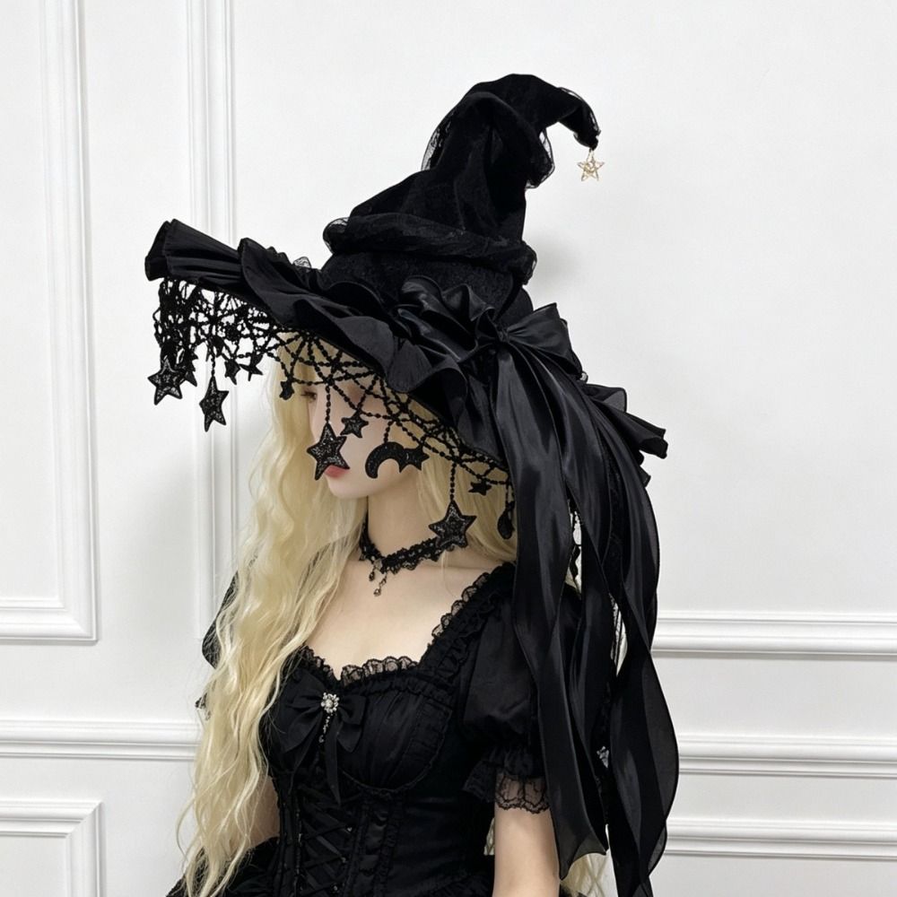 Lace Lolita Witch Hat Bow Ribbon Cosplay Accessories Party Headwear Wizard Cap Women's Costume
