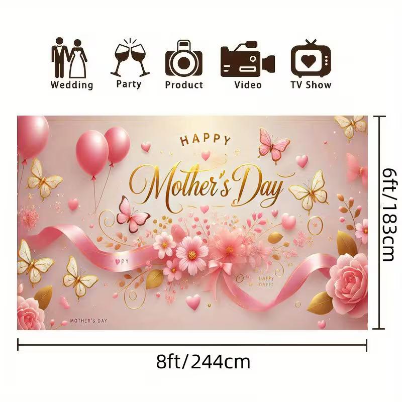 2D Mother's Day Polyester Backdrop, Pink Floral & Butterfly "Happy Mother's Day" Background for Party Decor