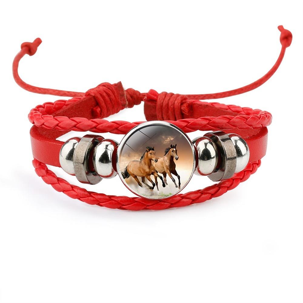 Bracciale in Pelle Intrecciata Multistrato con Motivo Animale Cavallo e Cabochon in Vetro Resina Gioielleria
