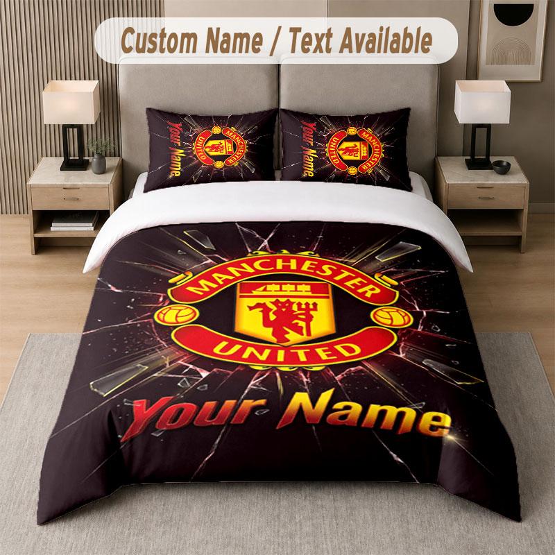Custom Bedding Set Manchester United Pattern, Print Name Text 1 Duvet Cover Plus 2 Pillowcases Home Textile