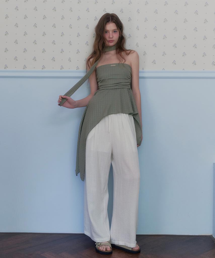 Teuwi Ont Linen Pintuck Elastic Waist Long Pants