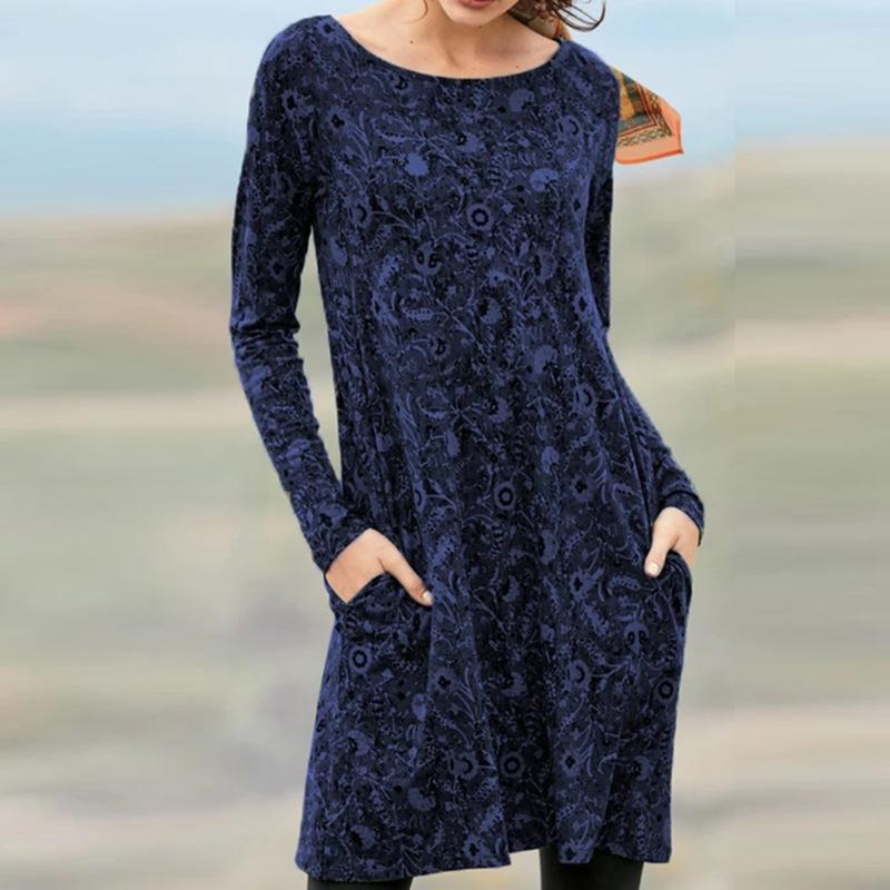 2021 Autumn Floral Print Long Sleeve Pullover Mid-Length Dress for Women
