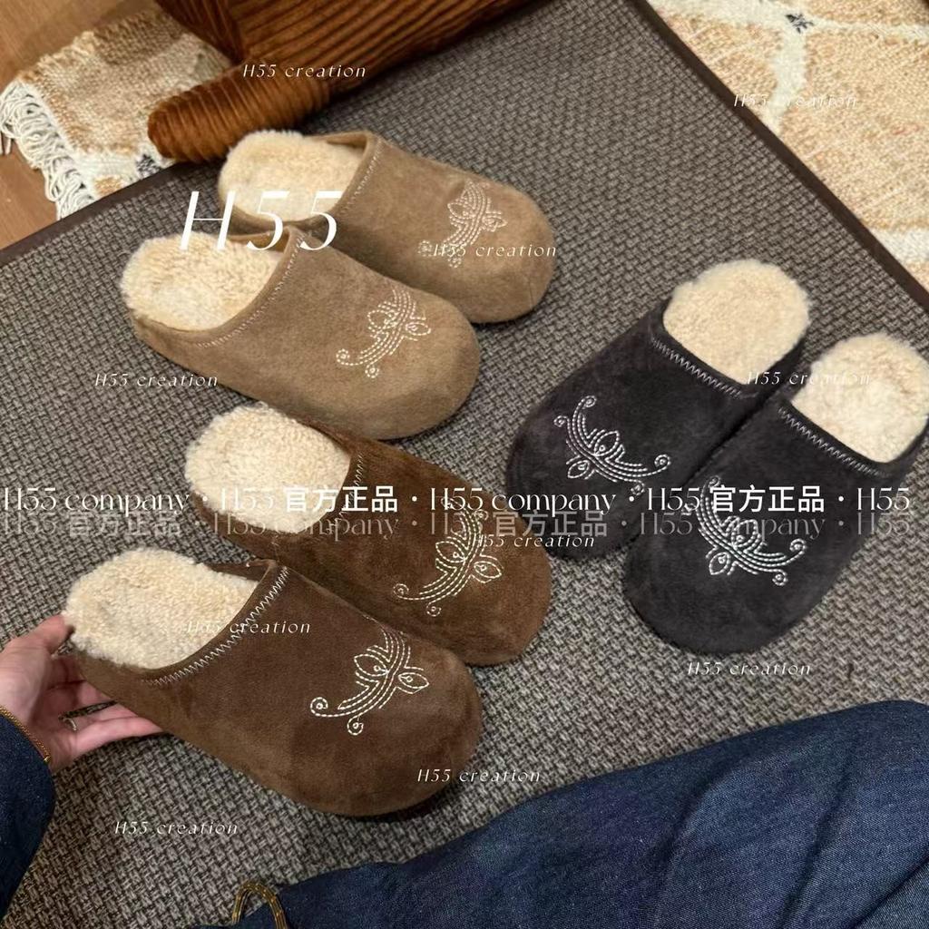 Ruodan~ 2025 autumn and winter new lamb wool piled platform casual half-drag Boken shoes women's warm cotton slippers