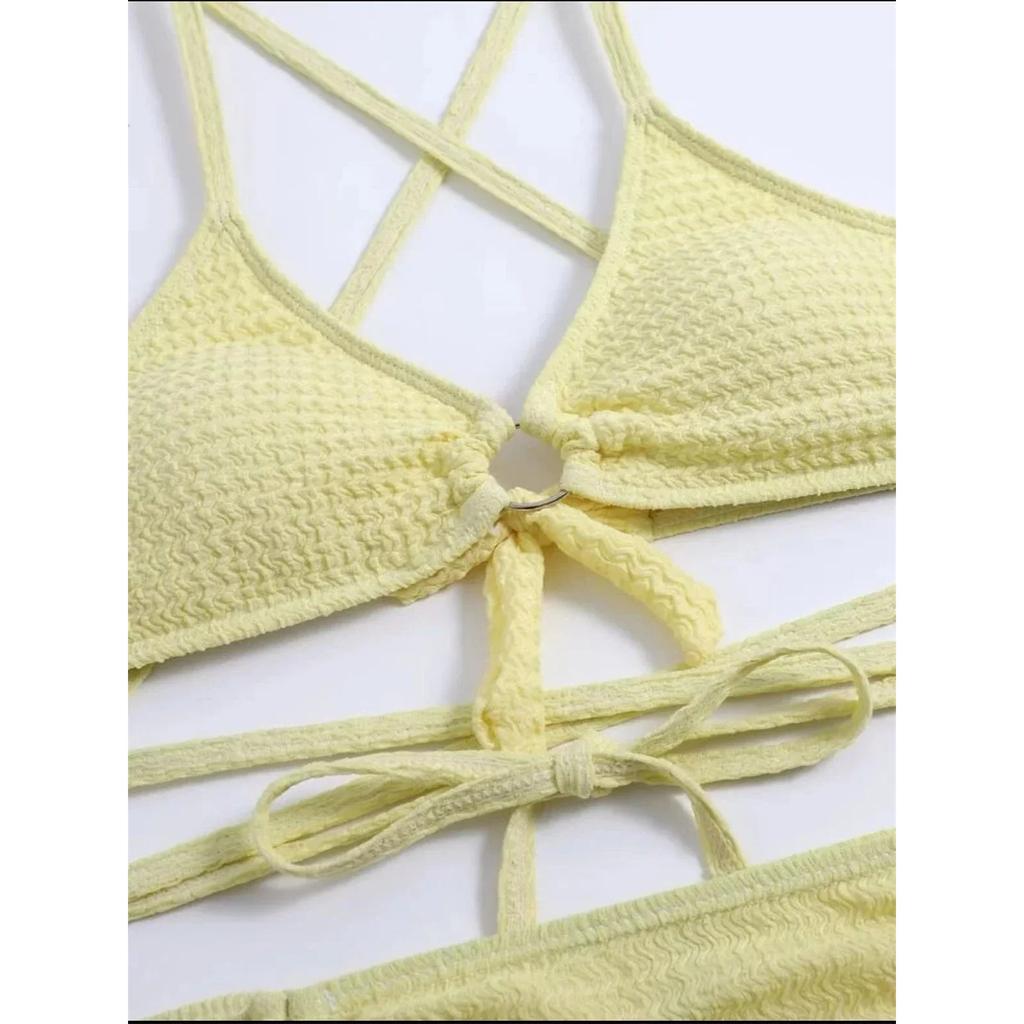 Sexy Yellow Bikini Women Solid Halter Ring Linked Criss Cross Cover Up 2 Piece Swimsuit Bathing Suit Ruffles Skirt Swimwear