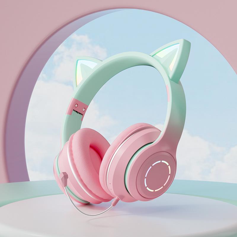 Világító színátmenetes macskafüles Bluetooth fejhallgató online órákhoz és játékhoz - univerzális ajándék kiadás