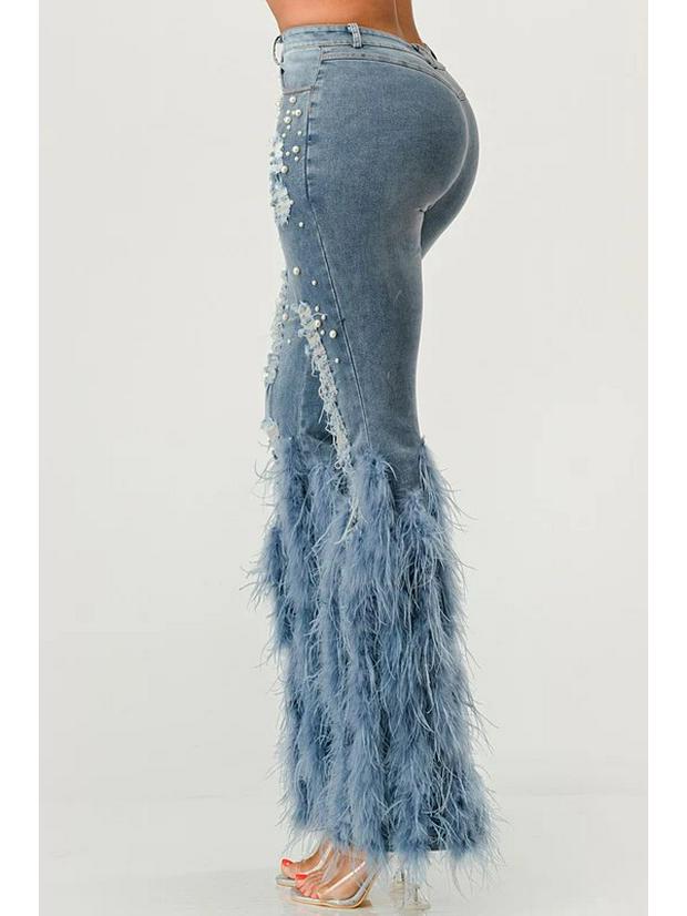 High Waist Distressed Pearl Feather Embellished Jeans