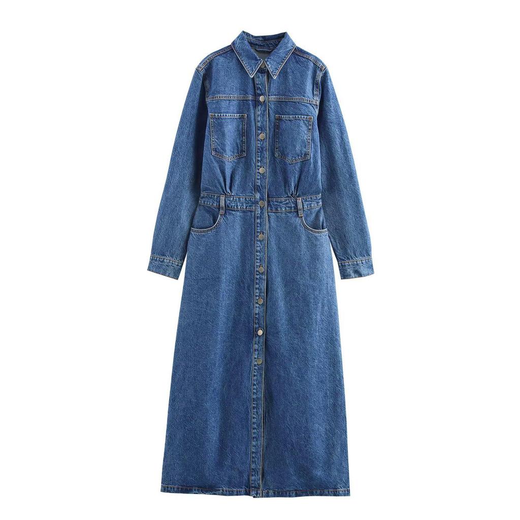 2025 Spring Women's Casual Loose Denim Midi Dress with Button Decor