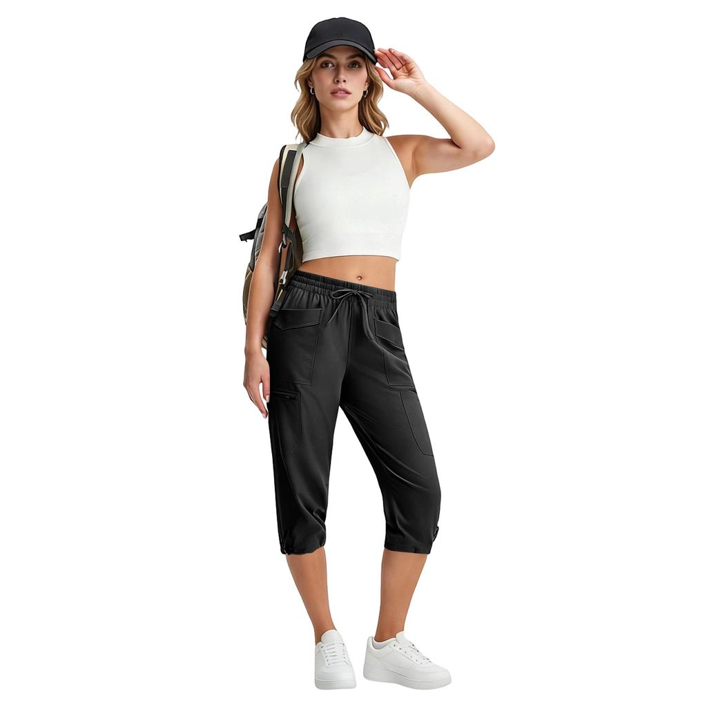 Women Elastic High Waist 3/4 Pant Casual Fit Wide Capris Leg Pants Trousers With Pockets