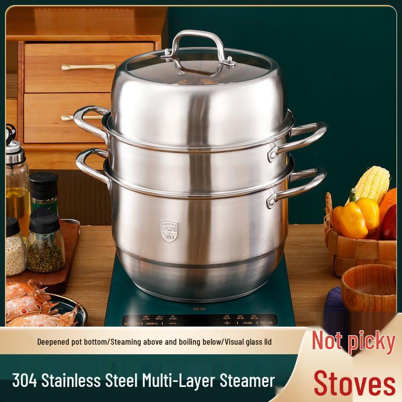 Extra Large 304 Stainless Steel Steamer with Glass Lid, 28-34cm, Dual/Triple Layer and Composite Bottom, Steel Handle