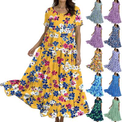 Rochie casual de damă, largă, boemă, cu imprimeu floral, cu mâneci scurte