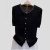 Spring Summer Women's Short-sleeve Thin Knitted Cardigan Loose Beaded Round-neck Knitted Cardigan