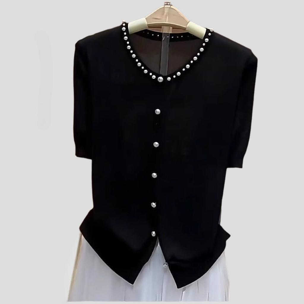 Spring Summer Women's Short-sleeve Thin Knitted Cardigan Loose Beaded Round-neck Knitted Cardigan