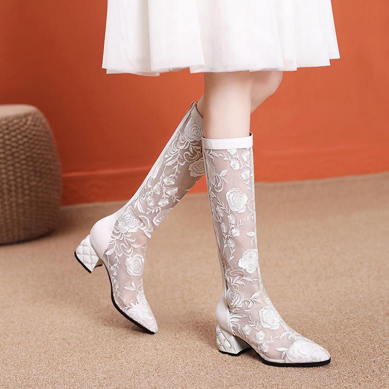 Mode FHC Femmes Sandales Bottes Hautes au Genou, Chaussures d'Été en Maille, Dentelle Broderie Fleur Longues Botas, Bout Pointu, Fermeture Éclair au Dos, Noir, Blanc, Dropship
