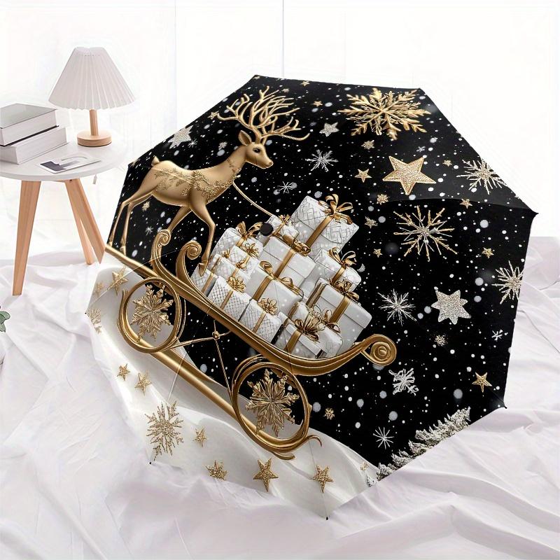 Golden Deer with Presents Christmas OrnamentUmbrella, Portable 3-Fold Compact Umbrella,Christmas Gift ES614