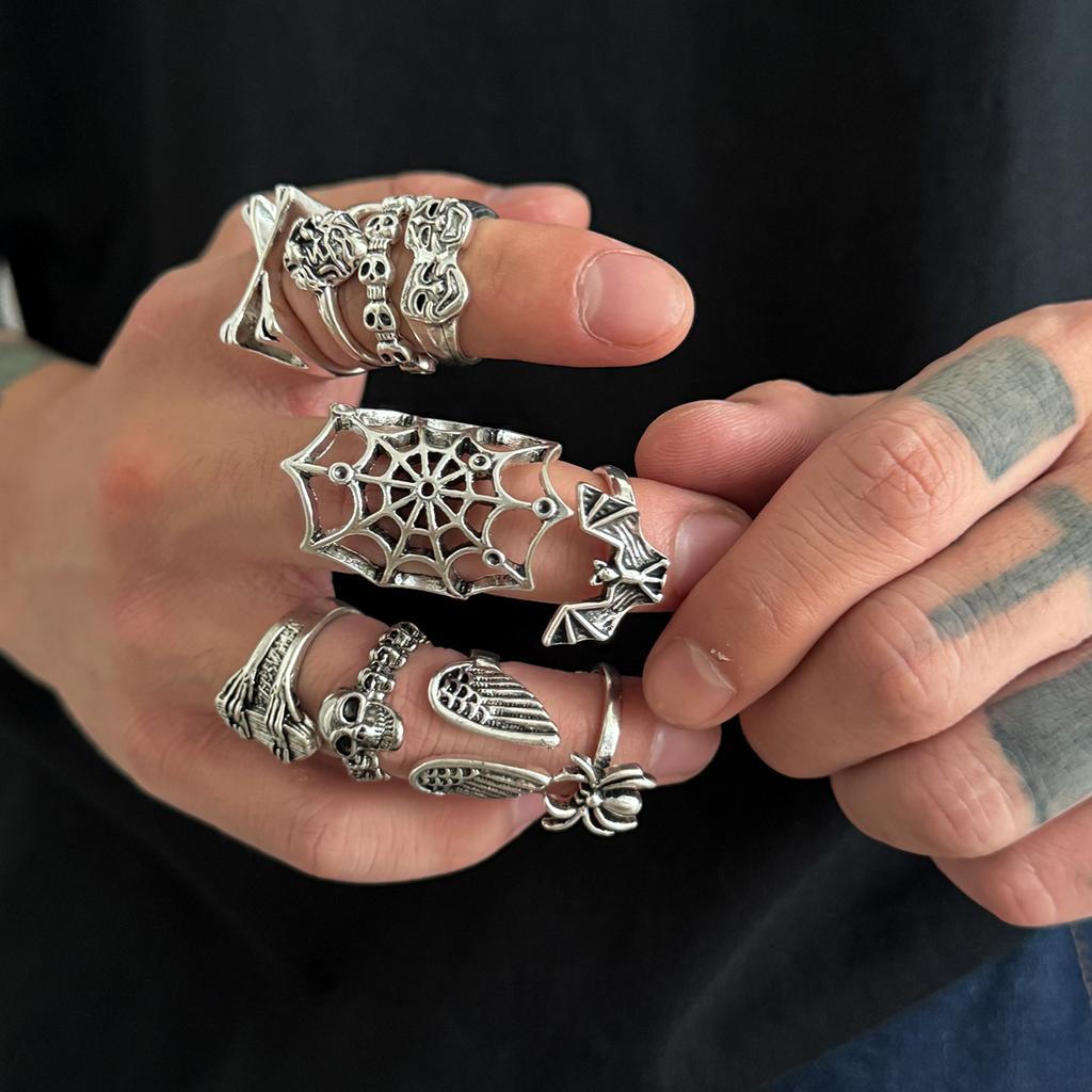 Ingemark Halloween Goth Skull Spider Snake Rings Set for Men Vintage Silver Color Big Size Rings Unisex Festival Party Jewelry