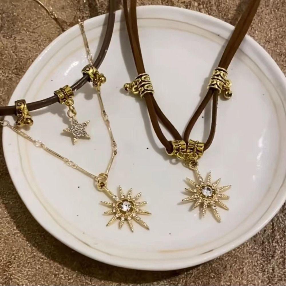 Vintage Sun Pendant Necklace Adjustable Leather Clavicle Chain  Sweet Cool Spice