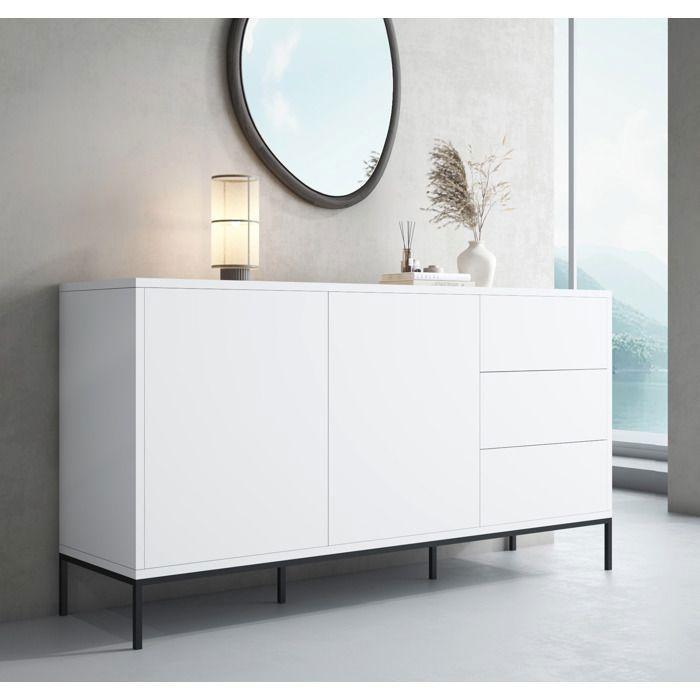Buffet Bahut 2 portes et 3 tiroirs | 150 x 80 x 41 cm | Couleur Blanc | Finition mate | Rangement | Serena