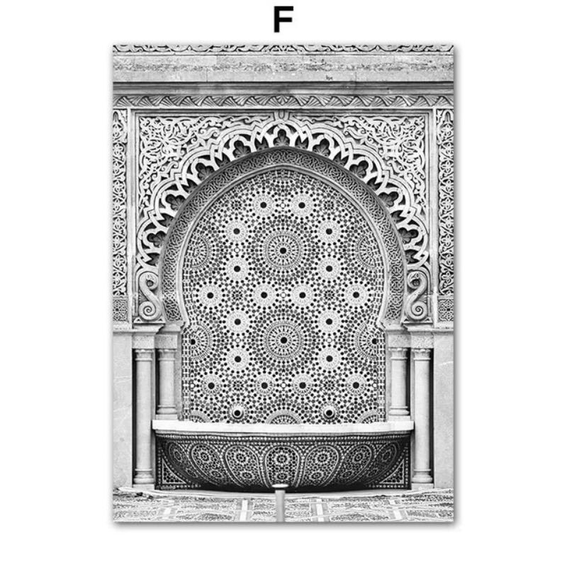 Black and White Islamic Mosque Door Canvas Painting  Muslim Quote Wall Art Poster Print for Home Decor