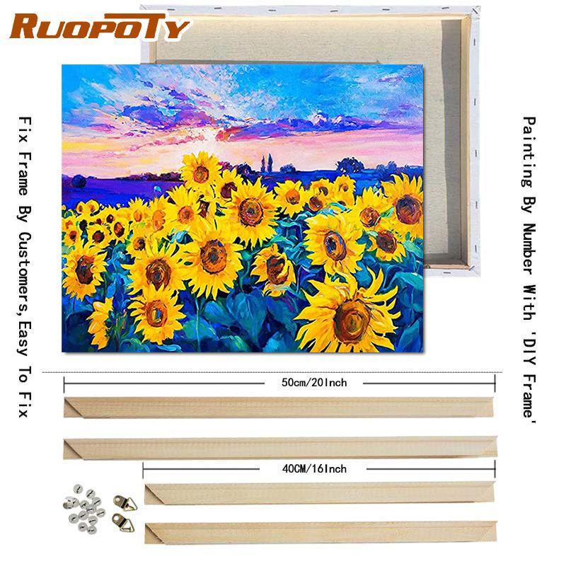 RUOPOTY Picture By Numbers Sunflower Flower Wall Art Unique Gift HandPainted Paint By Number Butterfly Decoration