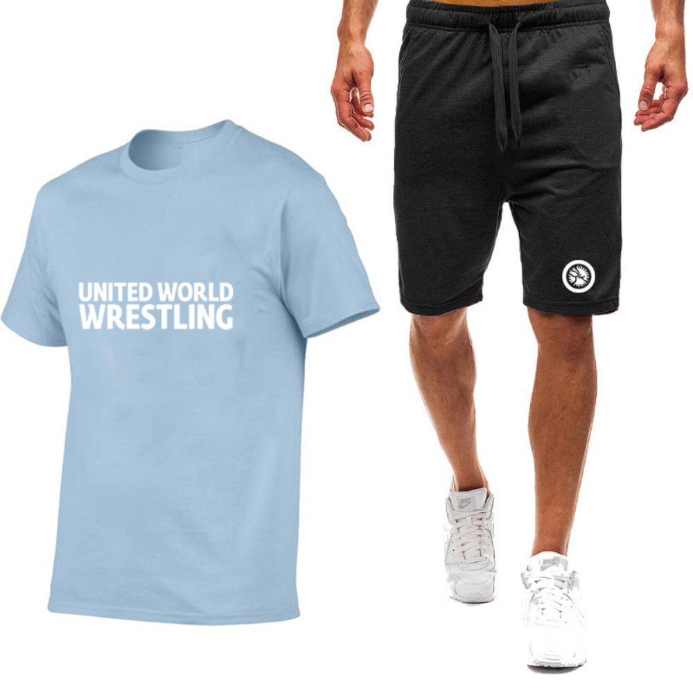 Summer Men's World Wrestling Federation Logo Printed Solid Color Daily Multi Functional Comfortable T-shirt Pants Sports Set