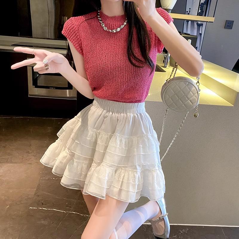 White Lace High-Waist A-Line Midi Skirt - Women's Spring/Autumn Korean Style