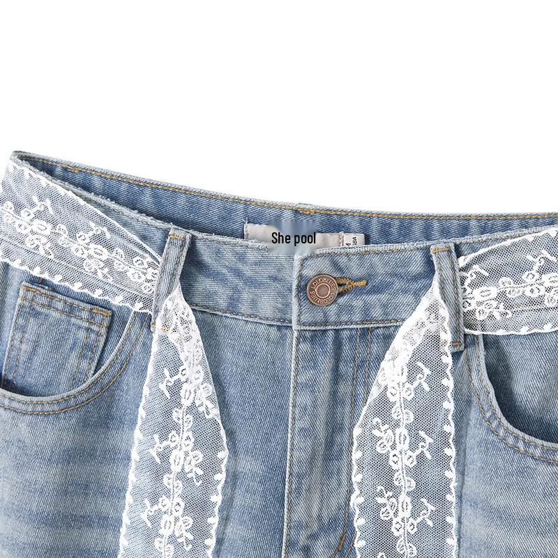 Women's Lace Belt High-Waist Wide-Leg Denim Jeans