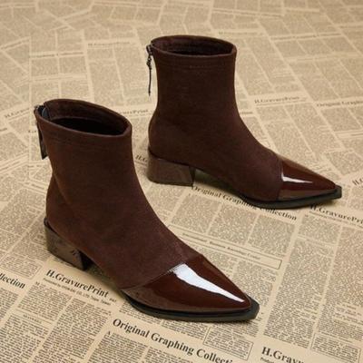 Damenmode Klobige Einzelstiefel Herbst Neu Spitz Passende Farbe Wildleder Reißverschluss hinten Bequeme Kurze Stiefel