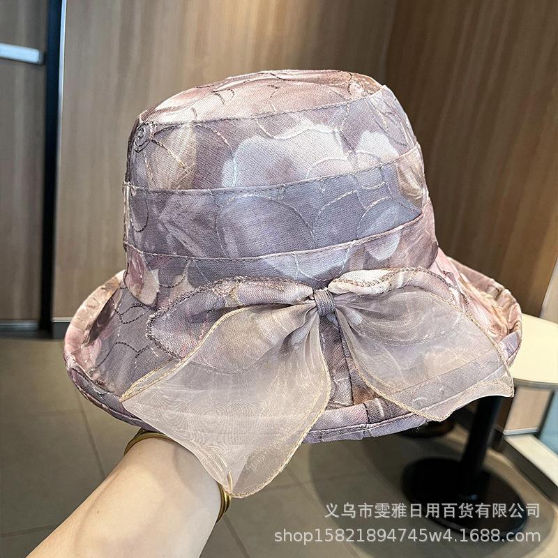 Eugen Yarn Bow Mesh Hat Women's Summer Outdoor Sunshade Sunscreen Hat Casual Breathable Curled Edge Mother Hat