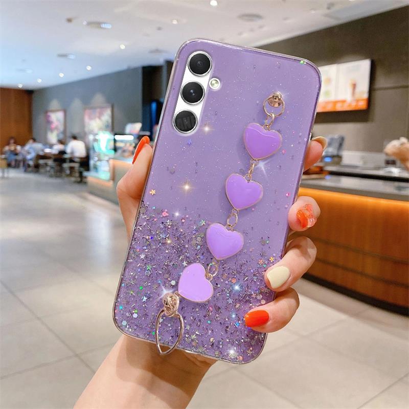 

A 54 34 14 15 Love Heart Wrist Chain Glitter Case For Samsung Galaxy A54 A34 A14 A24 A15 A25 M14 M34 M54 Bracelet Silicone Cover A33 (4G 5G)