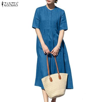 Women Casual Round Neck Solid Color Summer Short Sleeve Dress