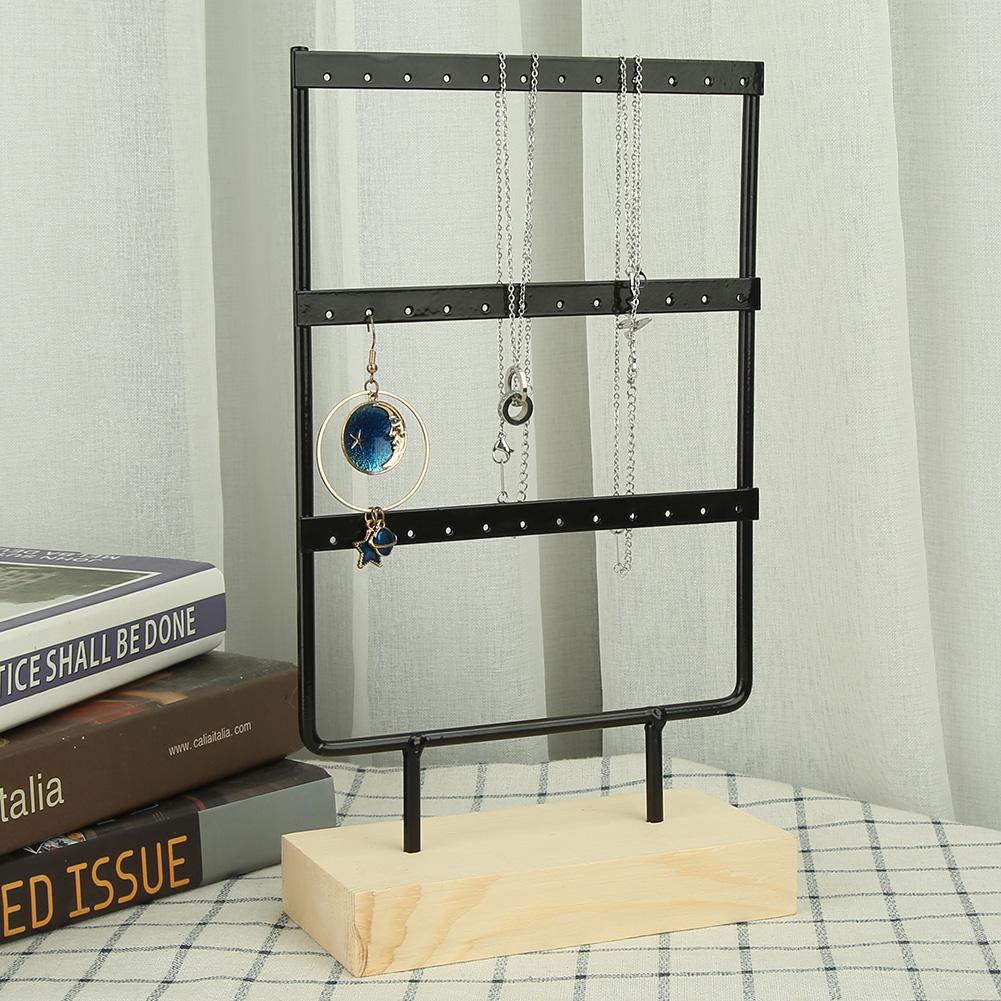 36 Holes Metal Jewelry Storage Rack Display Stand Earrings Necklace Organizer with Wood Base