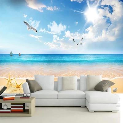 3d Blauwe Lucht En Witte Wolken Foto Behang Strand Zeegezicht Muurschilderingen Woonkamer Eetkamer Achtergrond Muurschilderingen Decor