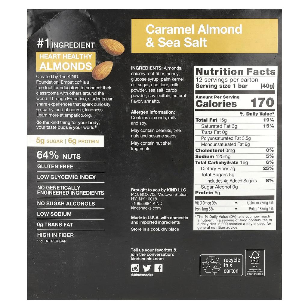 KIND Bars, Nuts & Spice, Caramel Almond & Sea Salt, 12 Bars, 40 g (1.4 oz) Each