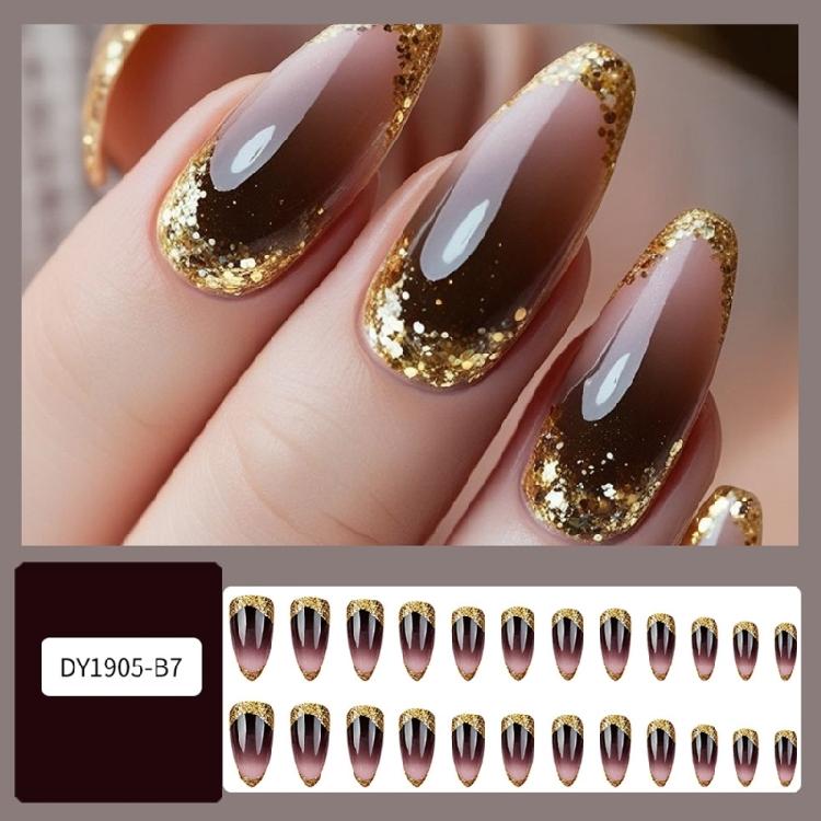 24Pcs Almond Fake Nail Press On Nail Artificial Nail False Nail Glues On Nail Sequins Designs French Nail Tips Gifts