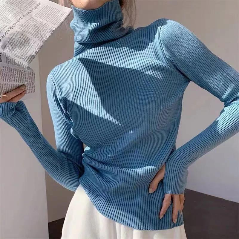 Strikket Genser Dame Koreansk Versjon Rullekrave Casual Genser Vinter Ensfarget Pullover Slim Innvendig Fôring Varm Basic Topper