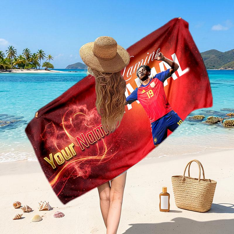 Lamine Yamal Custom Beach Towel, Personalized Name Text Print, Football Logo Soft Quick‑Dry Towel Holiday Gift 70cmx140cm(27x55inch) red