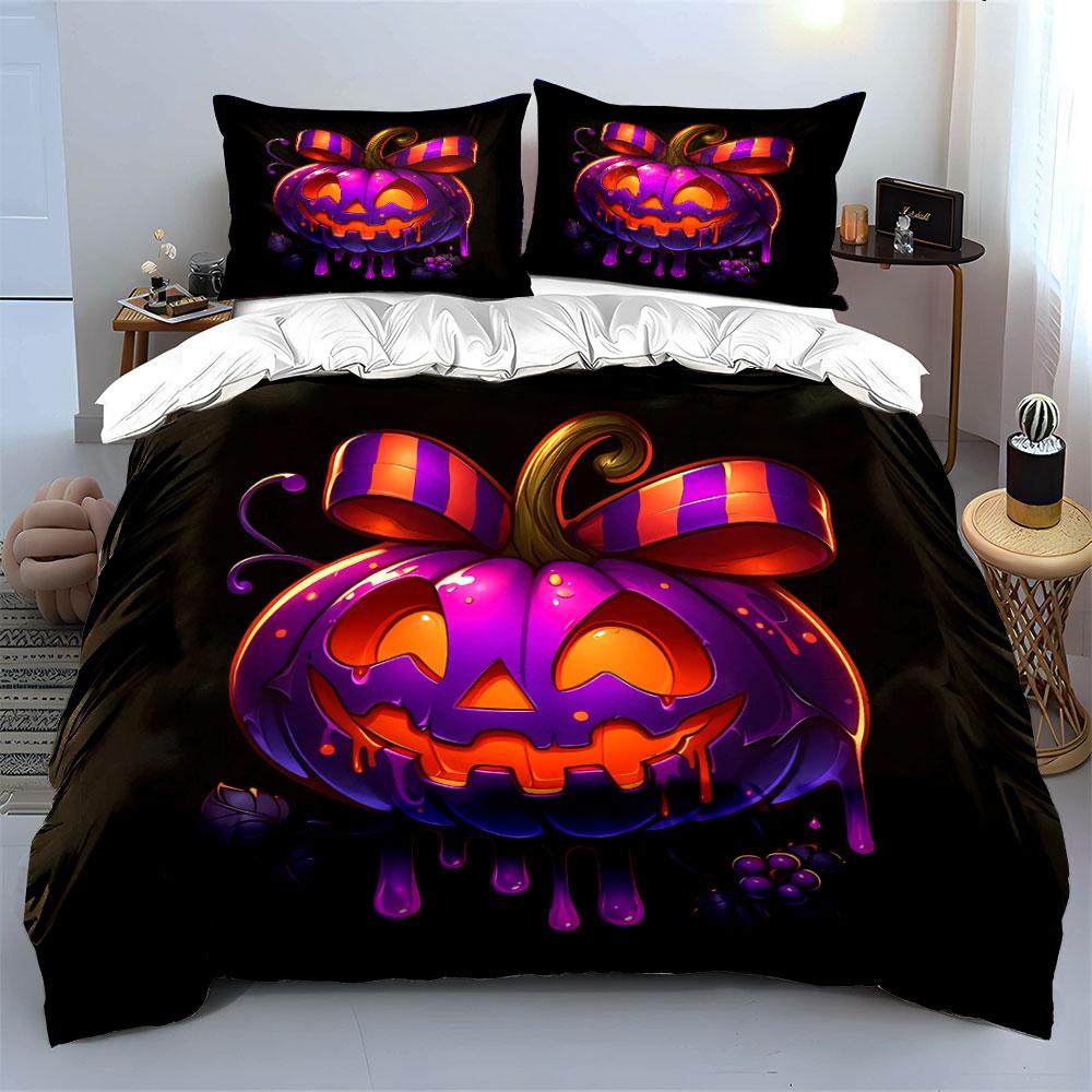 Halloween Pumpkin Decoration Set Soft Skin-Friendly Bedding Set Includes 1 Duvet Cover And 2 Pillowcase Gift