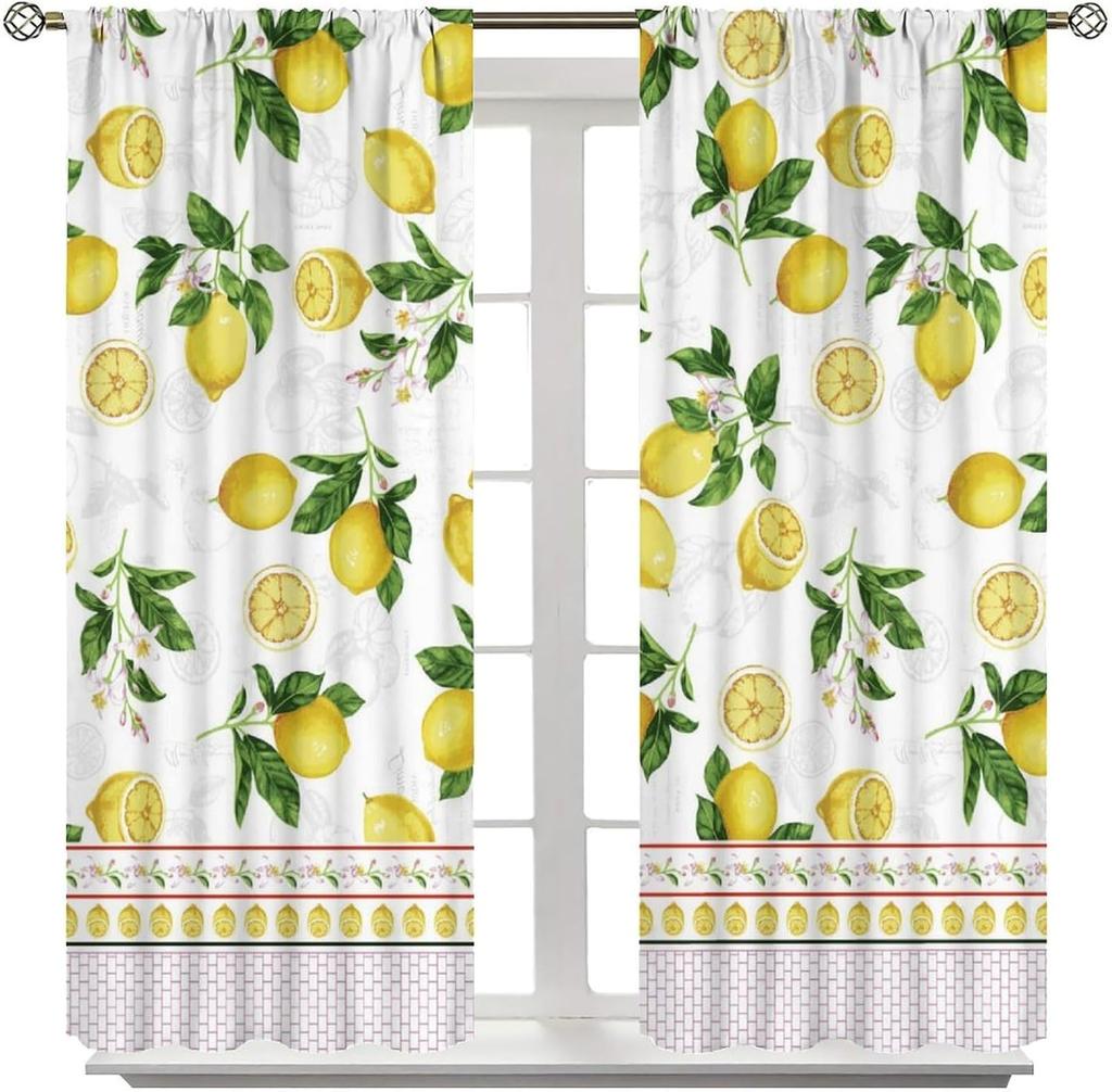 YCness Vintage Lemon Kitchen Curtains, Watercolor Floral Fruit Colorful Spring Nature Yellow Plants Retro Window Treatments for