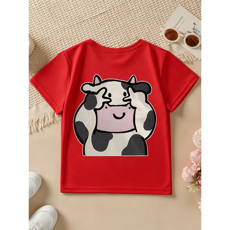 European Sizes Baby Boy Short-Sleeved Spring, Summer And Autumn Cartoon Cow Cute Face Peace Sign Print Casual T-Shirt