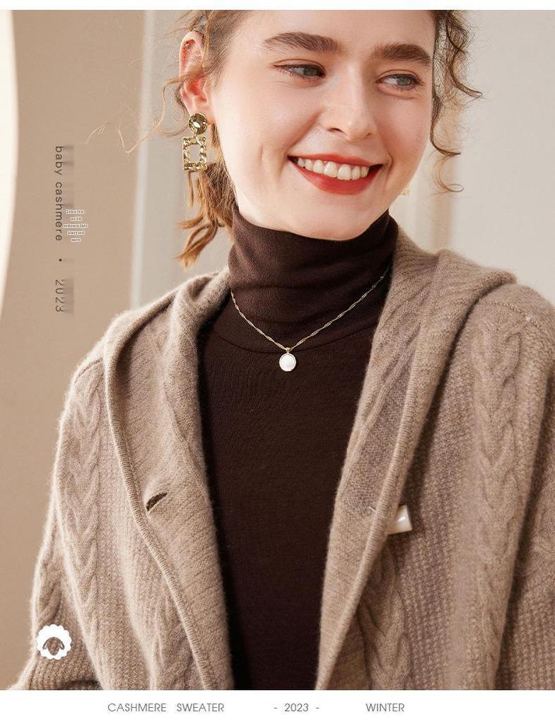 Women's Versatile Korean Style Pure Wool Hooded Cardigan Cashmere Knit Outerwear Sweater