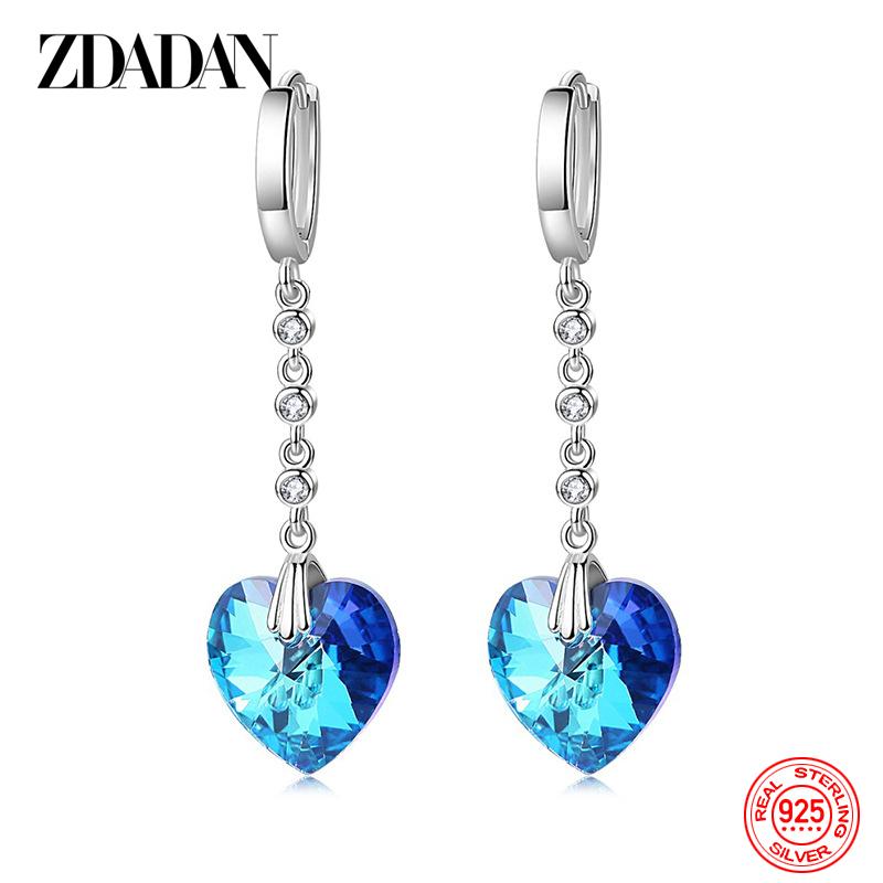 ZDADAN 925 Silver Heart Blue Crystal Earrings For Women Wedding Jewelry Charm Gift