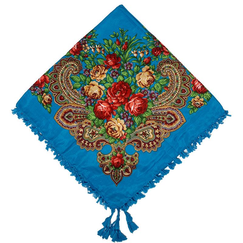 Russian Style Floral Print Tassel Shawl - Ethnic Retro Warm Scarf for Autumn/Winter 90*90 cm