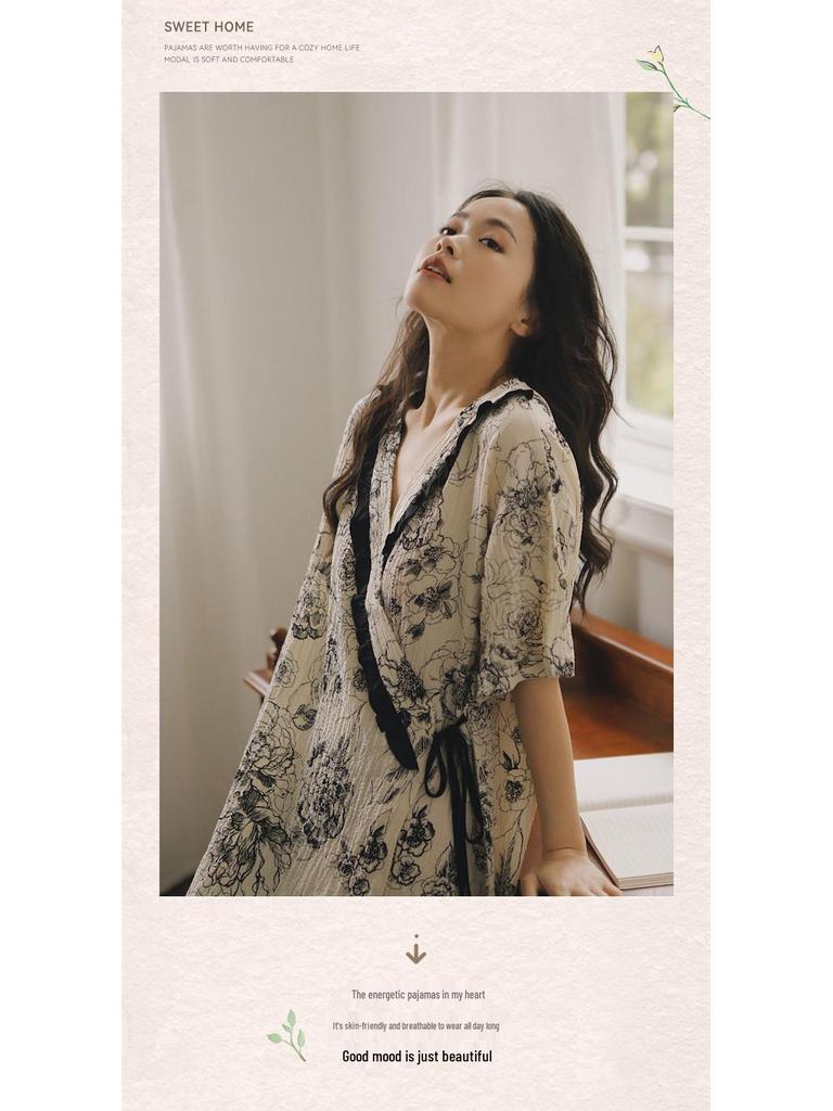 2025 Summer Kimono Maternity Nightdress - Crinkle Cotton, Postpartum Mid-Length, Short Sleeve Nursing Dress