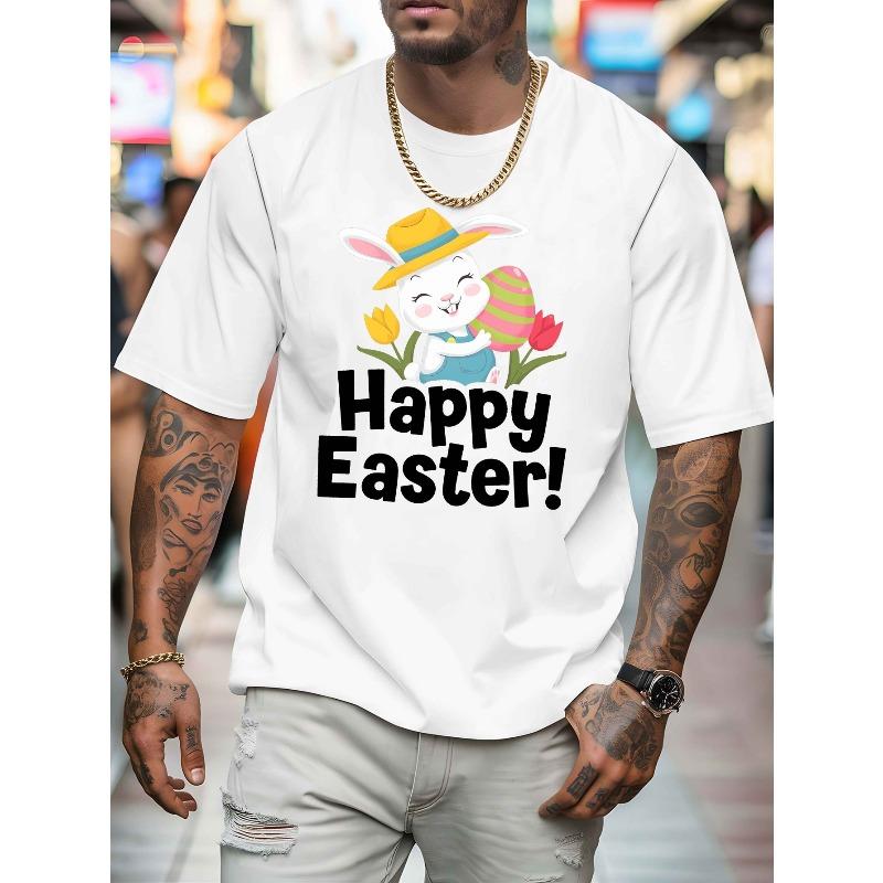 European Size Men's Easter Bunny & Egg Print Short Sleeve T-Shirt - Lightweight Breathable Round Neck Summer Top with Rabbit & Egg Pattern