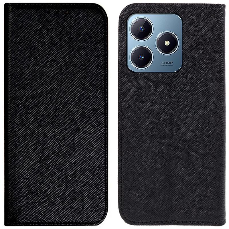 

For Realme Note 60x 4G/C63 4G/C61 4G Case Leather Strong Magnetic Closure Phone Cover Cross Texture Black