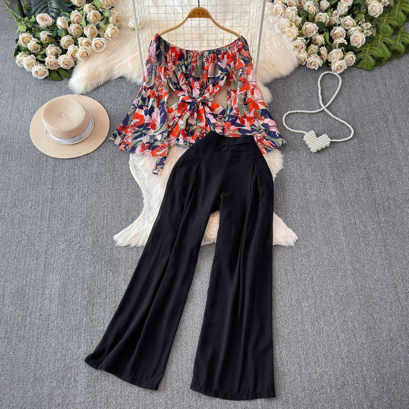 

Fashion Suit Women s off-Shoulder Shoulder-Baring Ruffles Waist-Tight Floral Tops Two-piece Set High Waist Straight-Leg Wide-Leg Pants Yellow red Tops + black pants One size
