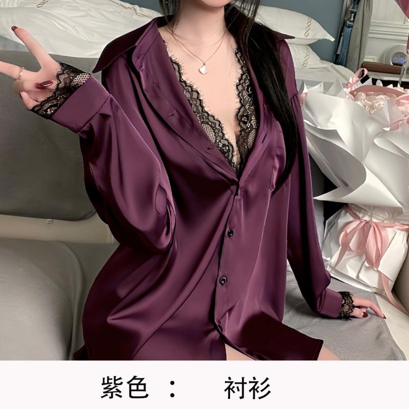 Boyfriend style shirt sexy large size pajamas pure lust thin lace fake two pajamas loungewear