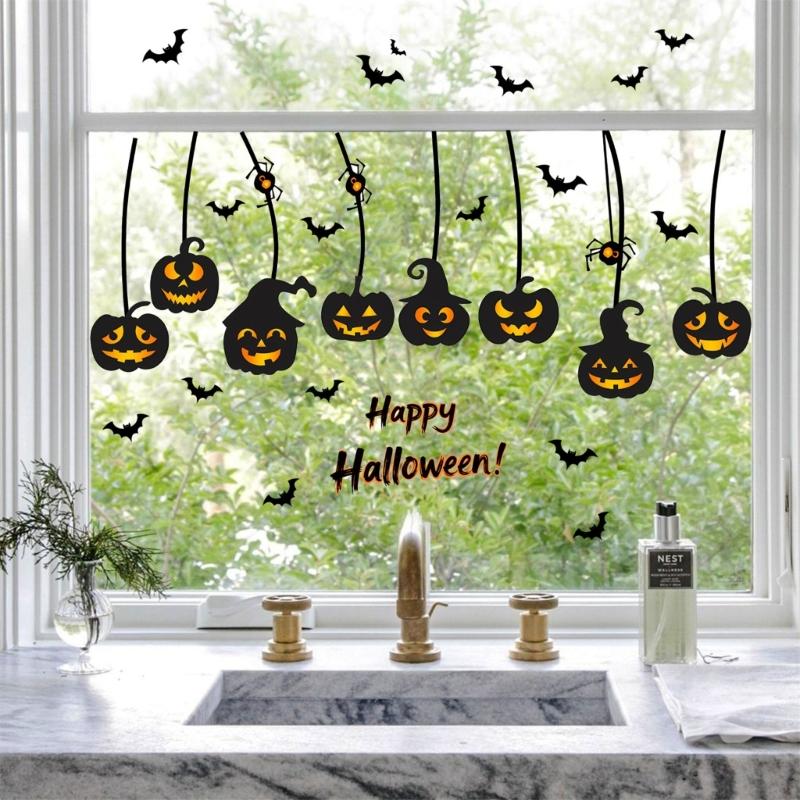Autocollant de Fenêtre Réutilisable pour Halloween Design Chauve-souris et Citrouille Autocollant Statique Décorations Pour Usage Intérieur et Extérieur